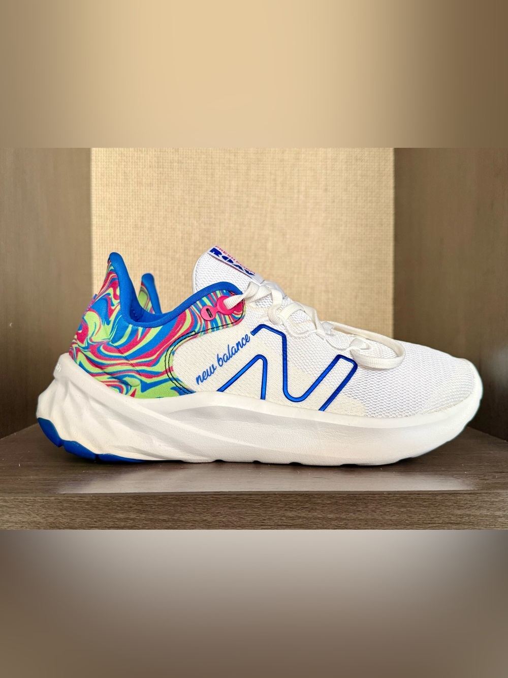 $136.00- New Balance White Sneakers with Blue & Multicolor Swirl Accents Size 10